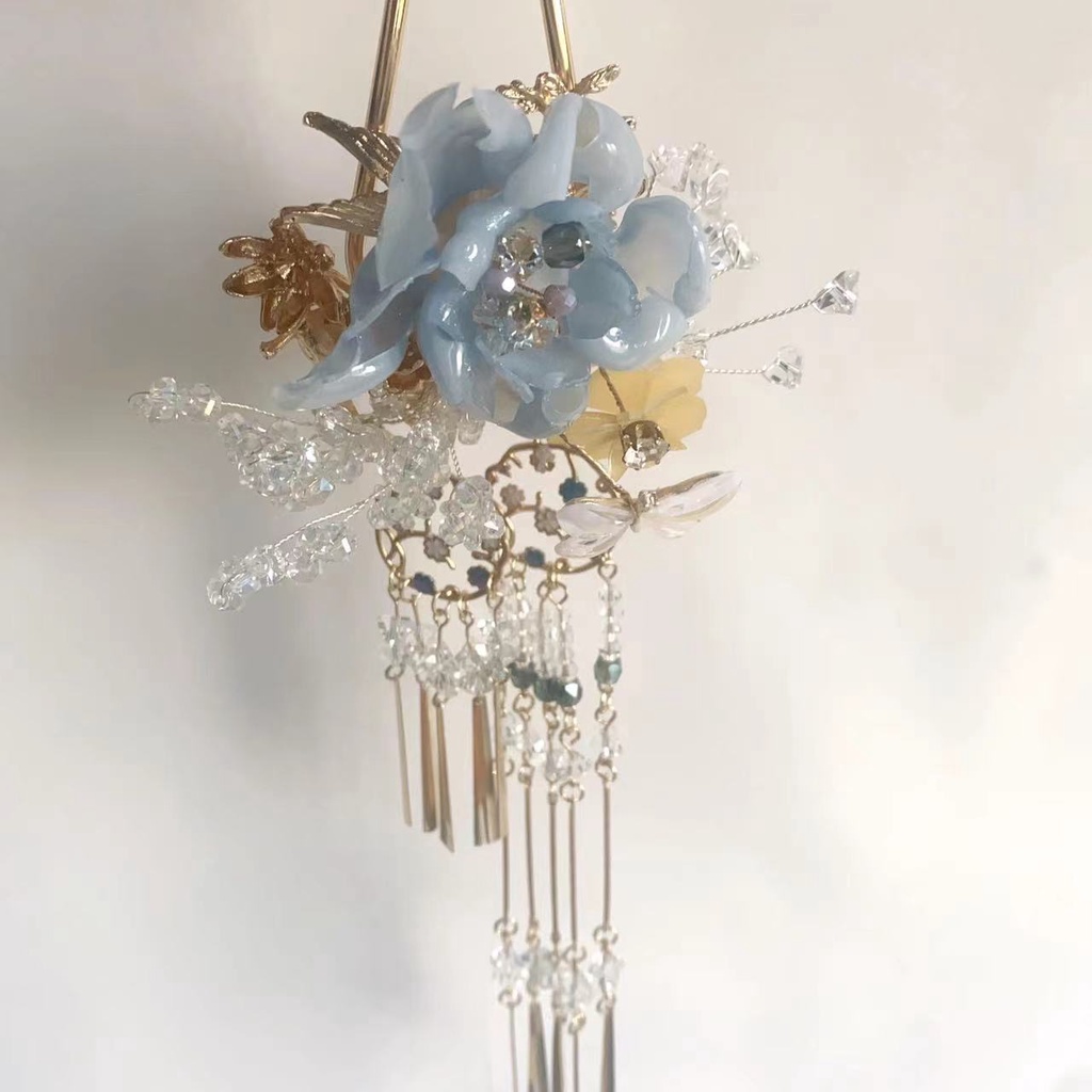 Trâm Cài Tóc Dáng Dài Đính Hoa Mẫu Đơn Tua Rua Phong Cách hanfu Cổ Điển