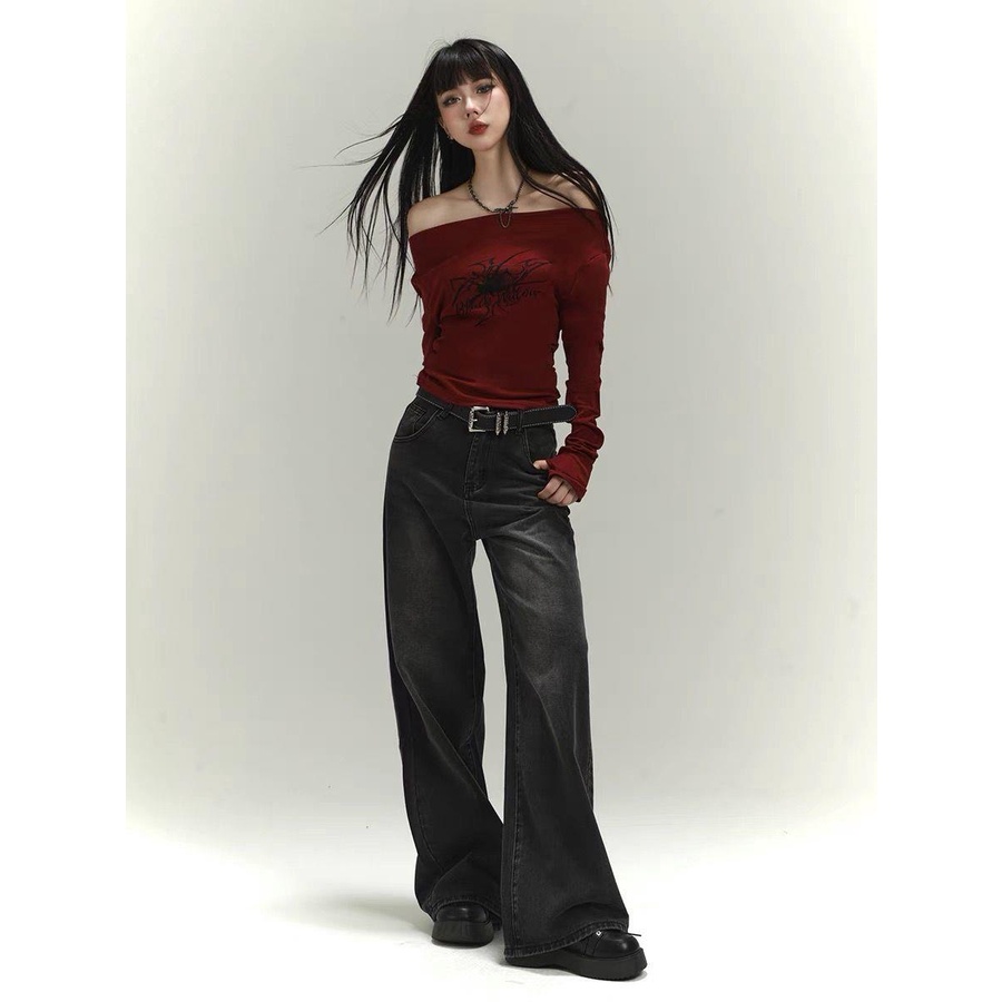 Áo Thun Nữ Tay Dài Lệch Vai Phong Cách retro Thời Trang Quyến Rũ