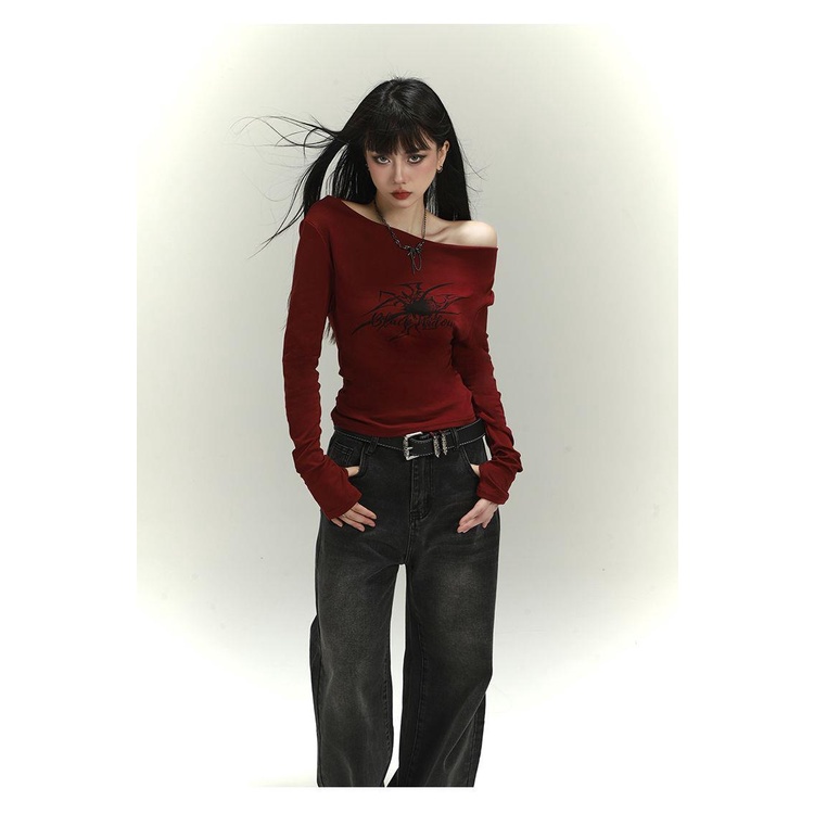 Áo Thun Nữ Tay Dài Lệch Vai Phong Cách retro Thời Trang Quyến Rũ