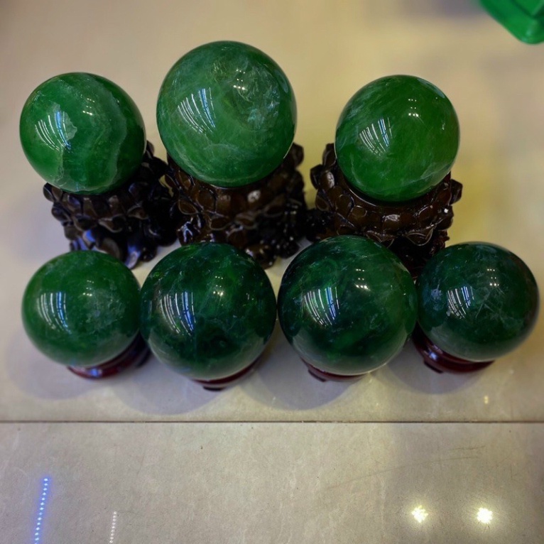 Bi cầu thach anh xanh đậm trong fluorite quả cầu đá xanh fluorite kiểm định đẹp