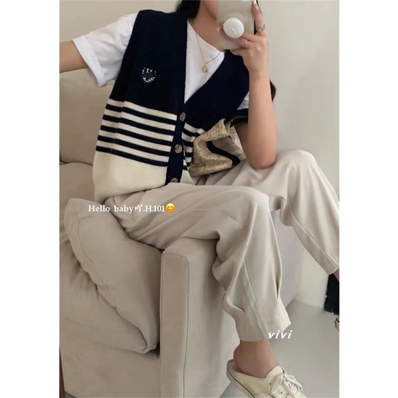 Áo gile kẻ sọc cài cúc 692, Áo gile nữ Hàn Quốc thomphamshop