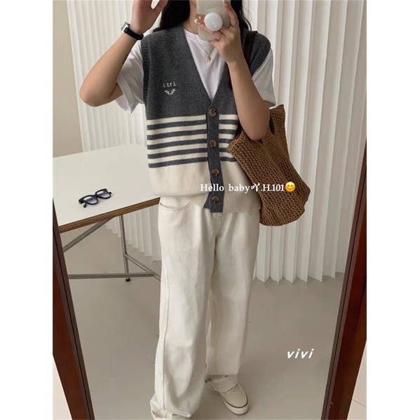 Áo gile kẻ sọc cài cúc 692, Áo gile nữ Hàn Quốc thomphamshop