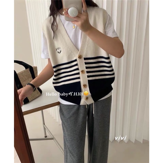 Áo gile kẻ sọc cài cúc 692, Áo gile nữ Hàn Quốc thomphamshop