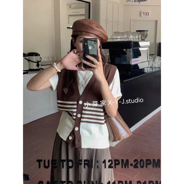 Áo gile kẻ sọc cài cúc 692, Áo gile nữ Hàn Quốc thomphamshop