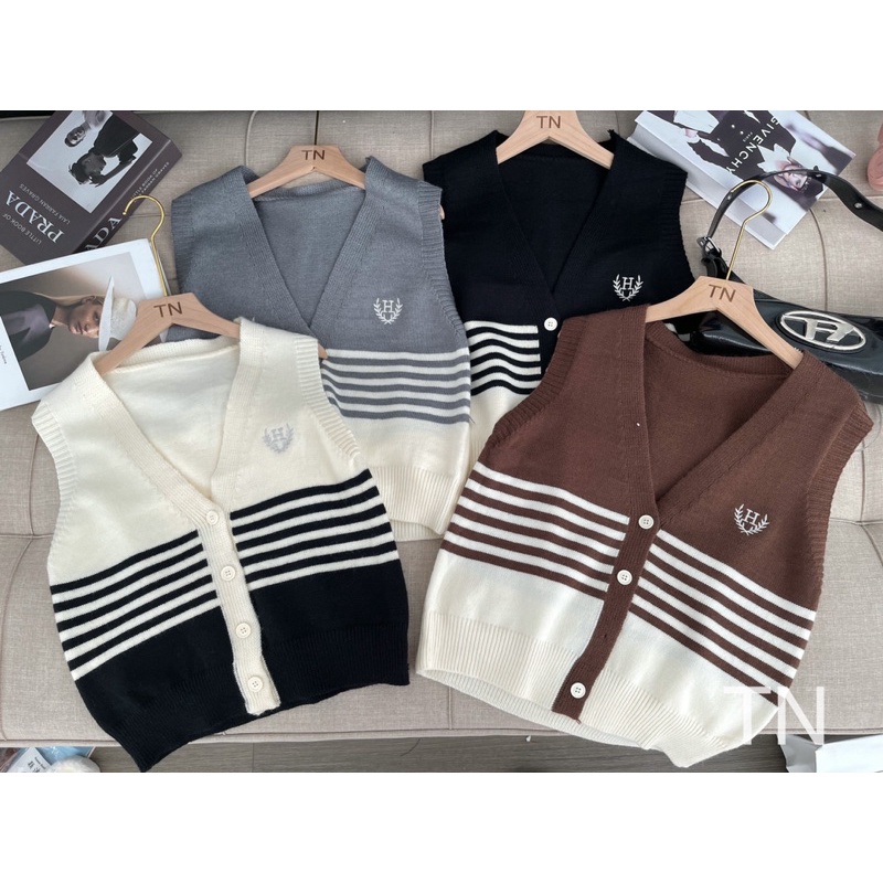 Áo gile kẻ sọc cài cúc 692, Áo gile nữ Hàn Quốc thomphamshop