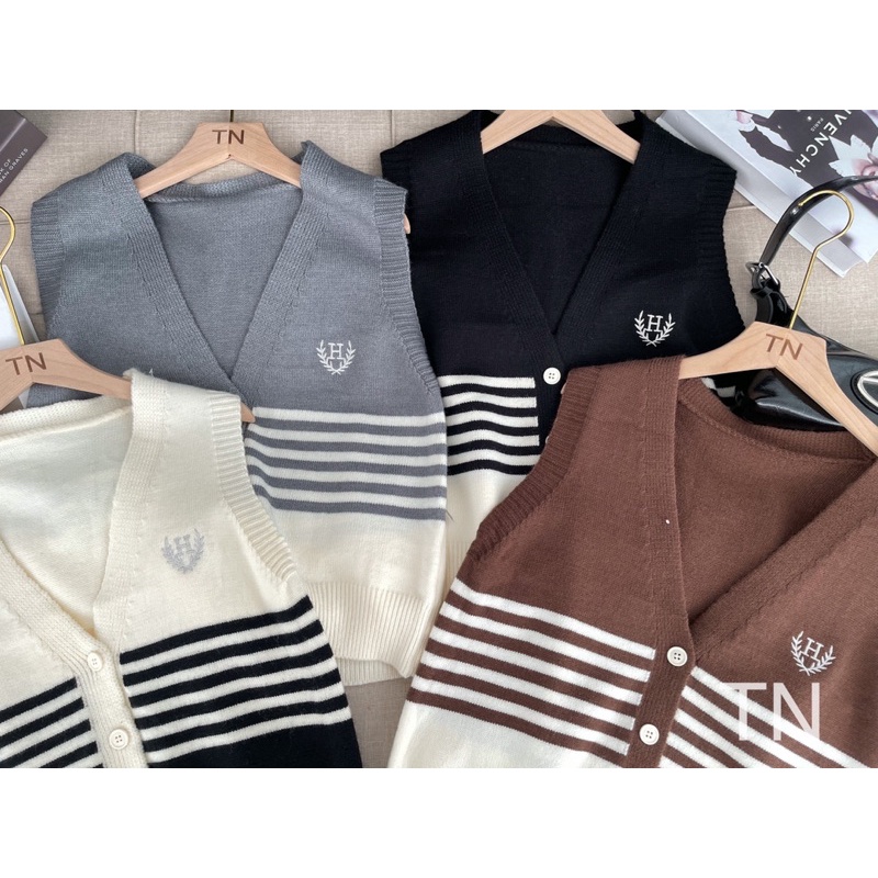 Áo gile kẻ sọc cài cúc 692, Áo gile nữ Hàn Quốc thomphamshop