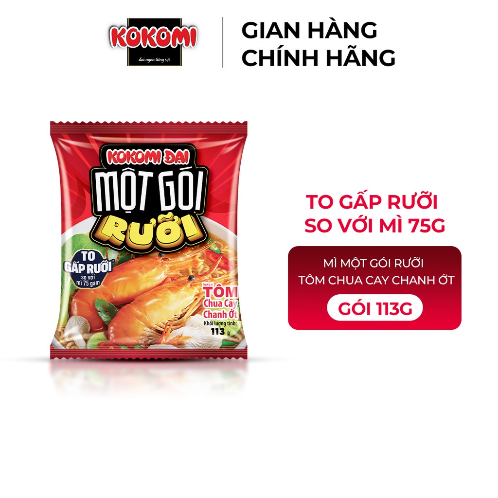 Mì Kokomi Đại Một Gói Rưỡi Tôm Chua Cay Chanh Ớt - Thùng 30 Gói x 113g