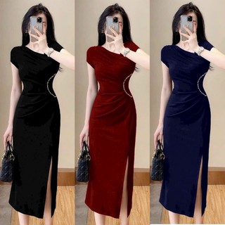 Đầm body dạ hội lệch vai cườm eo sang trọng hàng cao cấp TẶNG KÈM HOA TAI THỜI TRANG