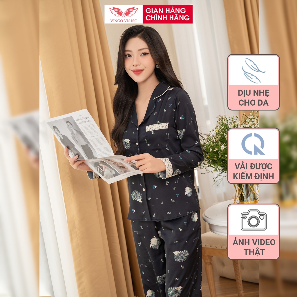 Đồ bộ nữ mặc nhà Pijama lụa cao cấp mùa Thu Đông VINGO tay dài quần dài dáng suông nhím đen H1061 VNGO