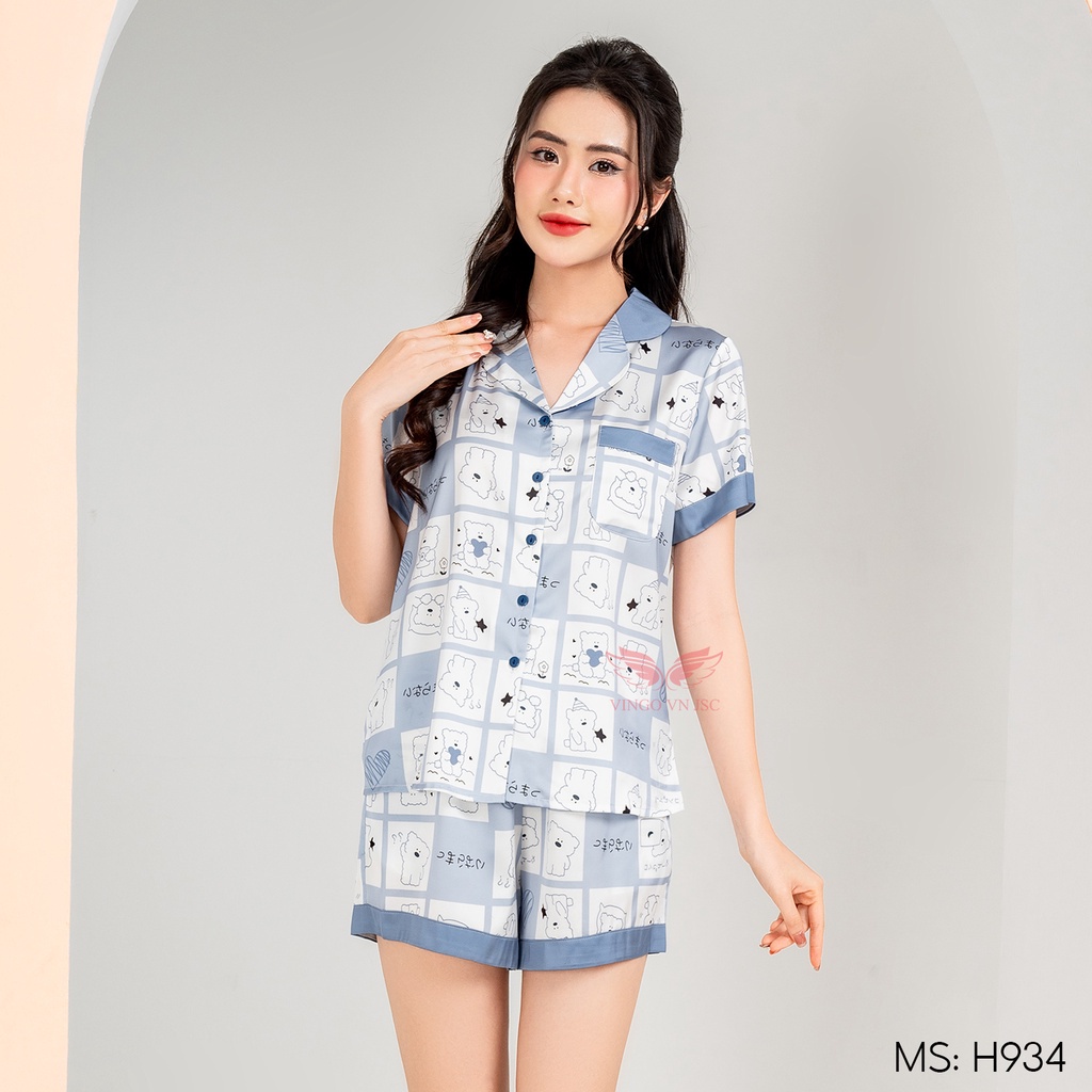 Đồ bộ nữ Pijama mặc nhà Lụa cao cấp mùa hè VINGO tay ngắn quần đùi dáng suông hoạ tiết dễ thương H934 - 936 - 938 VNGO