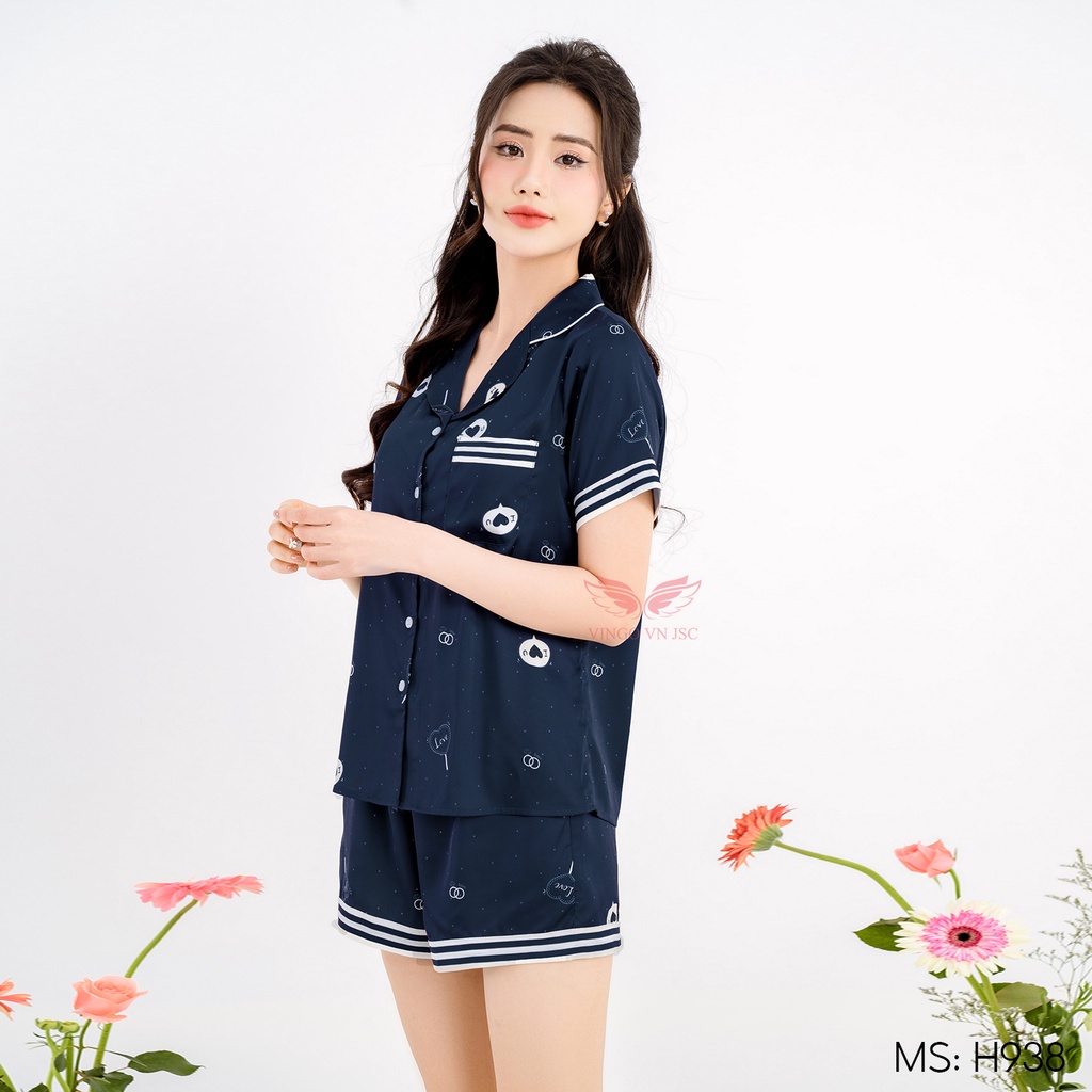 Đồ bộ nữ Pijama mặc nhà Lụa cao cấp mùa hè VINGO tay ngắn quần đùi dáng suông hoạ tiết dễ thương H934 - 936 - 938 VNGO