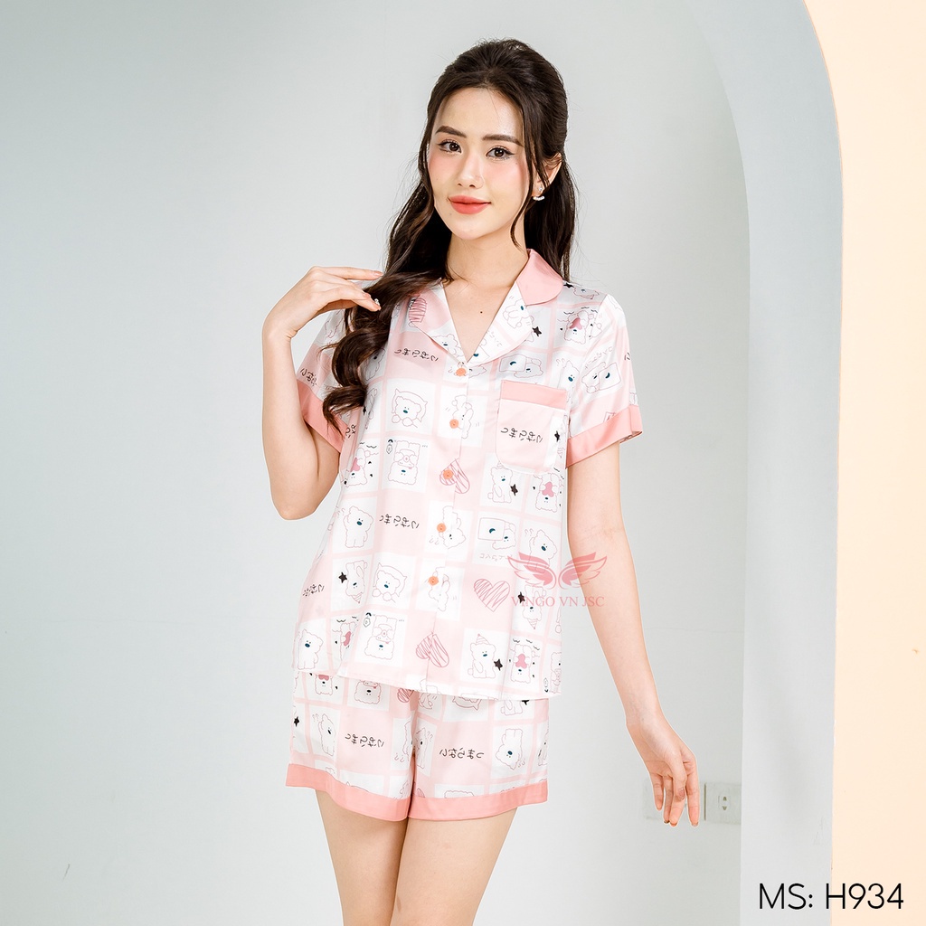 Đồ bộ nữ Pijama mặc nhà Lụa cao cấp mùa hè VINGO tay ngắn quần đùi dáng suông hoạ tiết dễ thương H934 - 936 - 938 VNGO