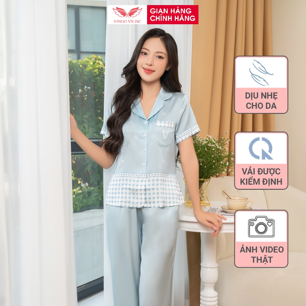 Pijama lụa đồ bộ ngủ mặc nhà cao cấp VINGO tay ngắn quần dài chữ V màu xanh bạc hà H1015 VNGO