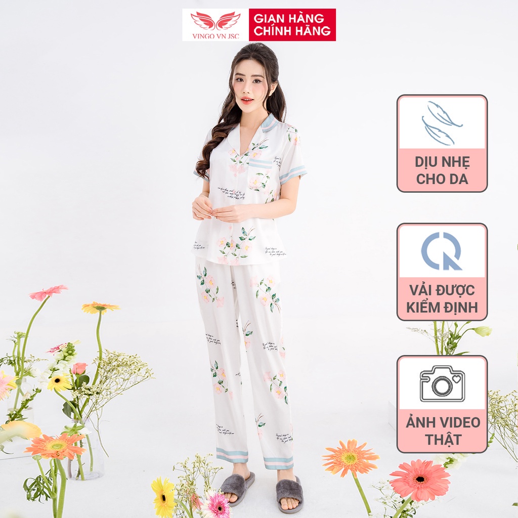 Đồ bộ nữ pijama mặc nhà lụa Pháp cao cấp VINGO tay ngắn quần dài màu trắng hoa hồng thanh lịch H953 VNGO