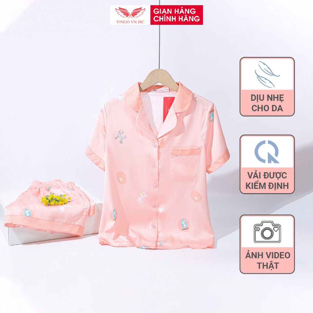 Đồ bộ nữ Pijama mặc nhà Lụa VINGO tay ngắn quần đùi màu hồng H698 VNGO