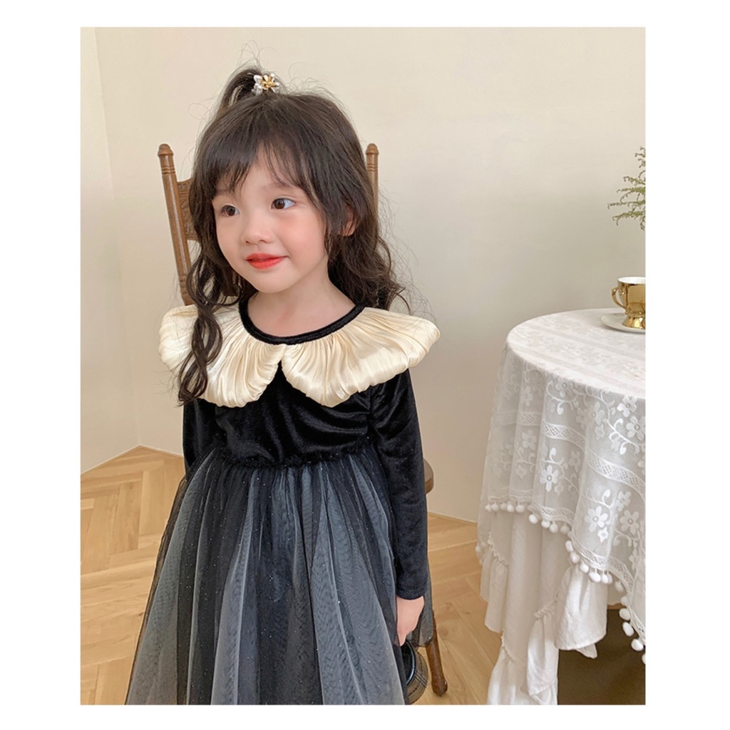 Đầm Công Chúa Chất Nhung Phối Lưới Thời Trang Xuân Thu Xinh Xắn Cho Bé Gái