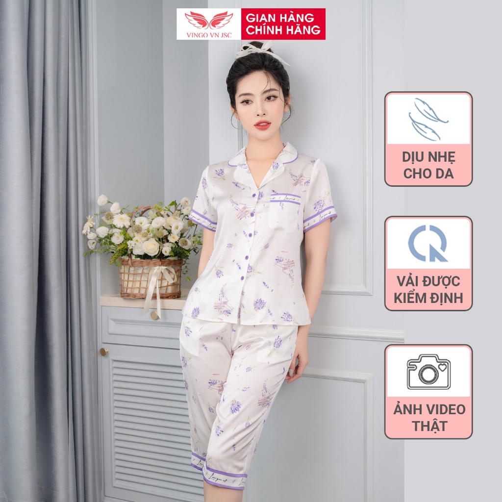 Pijama lụa đồ bộ ngủ mặc nhà cao cấp mùa thu đông VINGO áo tay ngắn quần lửng hoa Lavender màu tím H1004 VNGO