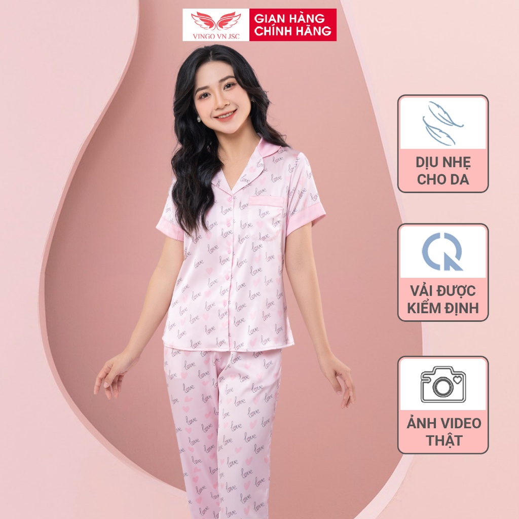 Pijama lụa đồ bộ ngủ mặc nhà cao cấp mùa Thu Đông VINGO tay ngắn quần dài hoa chữ love H1063 VNGO