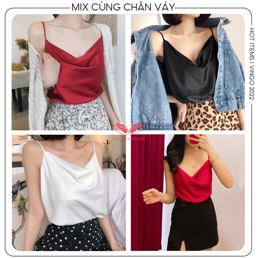 Áo hai dây lụa Pháp cổ V siêu xinh VINGO N157 VNGO