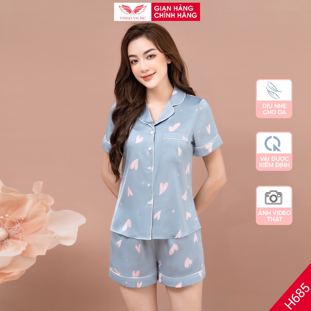 Đồ bộ nữ Pijama mặc nhà Lụa cao cấp mùa Thu Đông VINGO tay ngắn quần đùi trái tim dễ thương H685 H725 VNGO