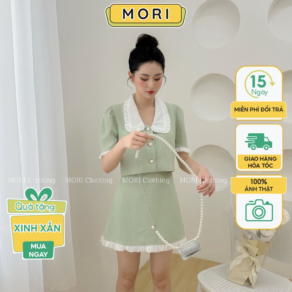Set đầm nữ kèm chân váy chữ A xanh ngọc chất liệu cotton xốp tổ ong thanh lịch đi làm đi chơi MORI CLOTHING S964