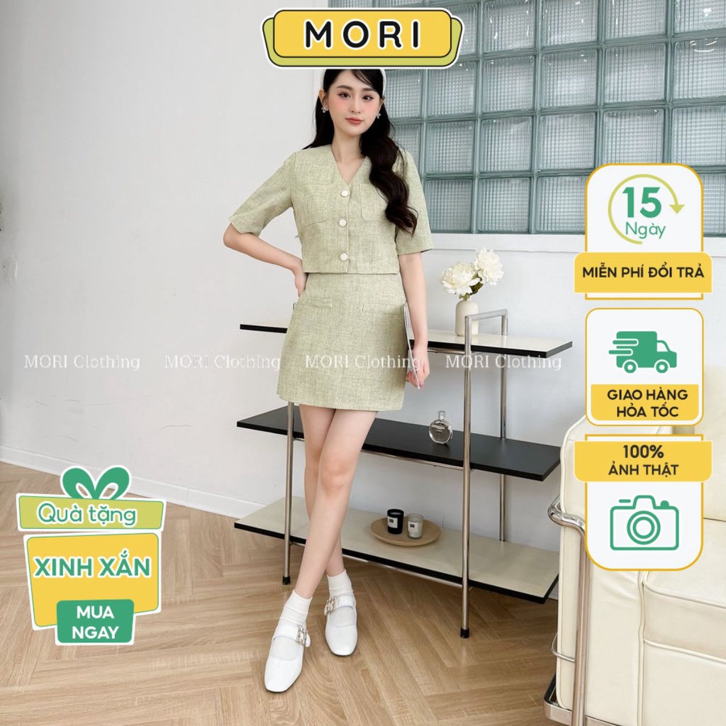 Set váy nữ đũi pha vintage gồm áo kèm cúc ngọc và cv chữ A sang chảnh thời trang công sở nữ thiết kế MORI CLOTHING S323