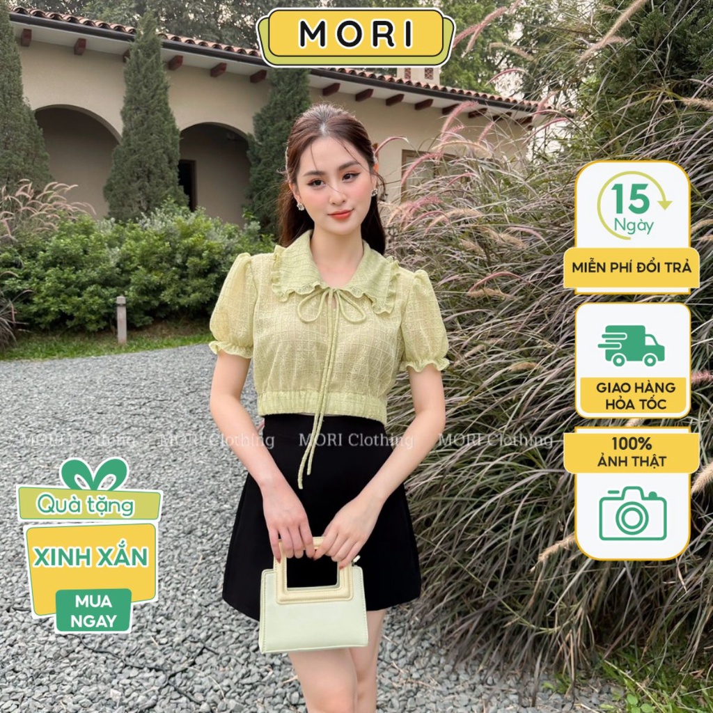Áo kiểu nữ croptop cộc tay phồng cách điệu chất ren hoa phong cách tiểu thư thời trang MORI CLOTHING A001