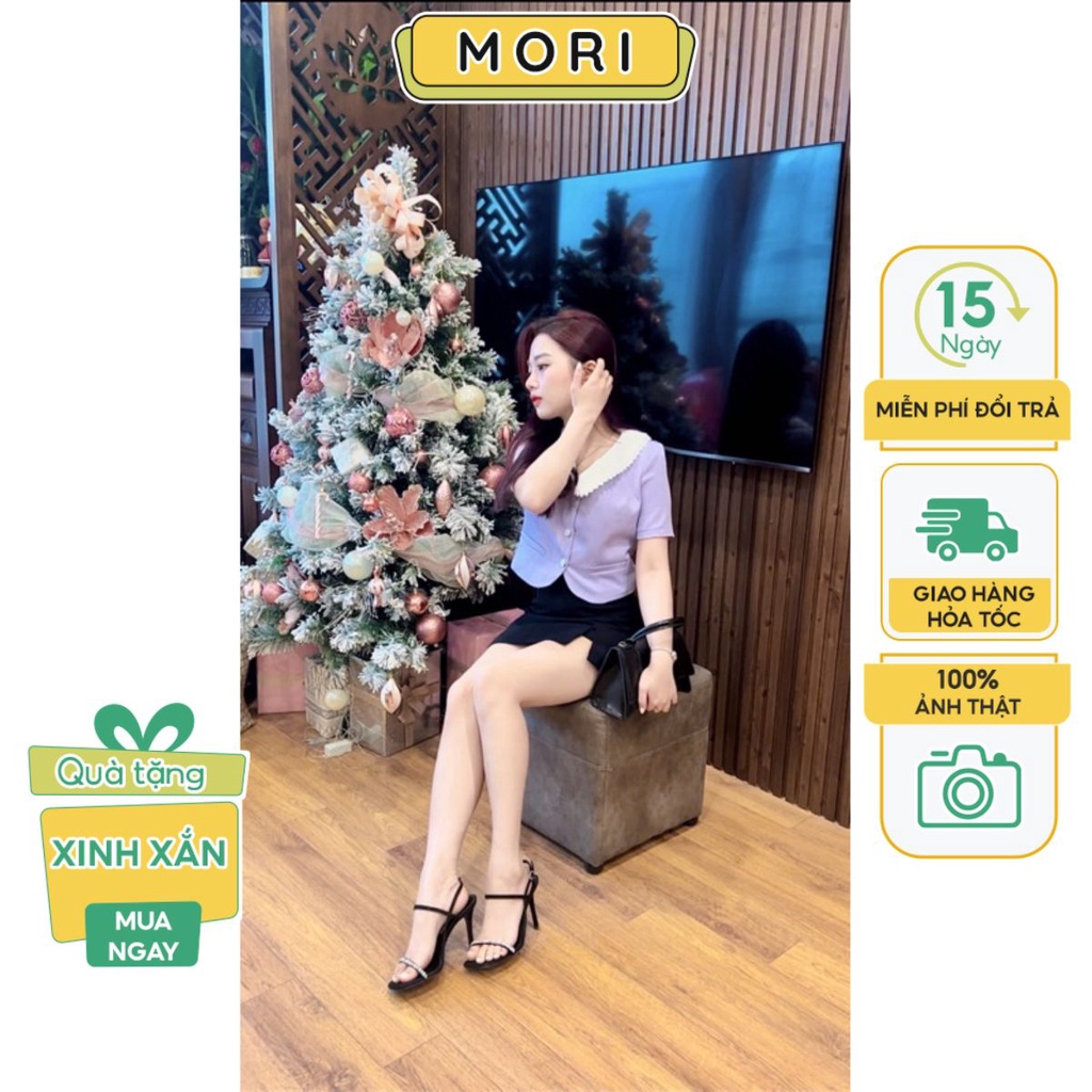 Áo sơ mi tím cổ sen trắng dáng suông tay bồng cúc ngọc cao cấp thời trang thiết kế MORI CLOTHING A1027