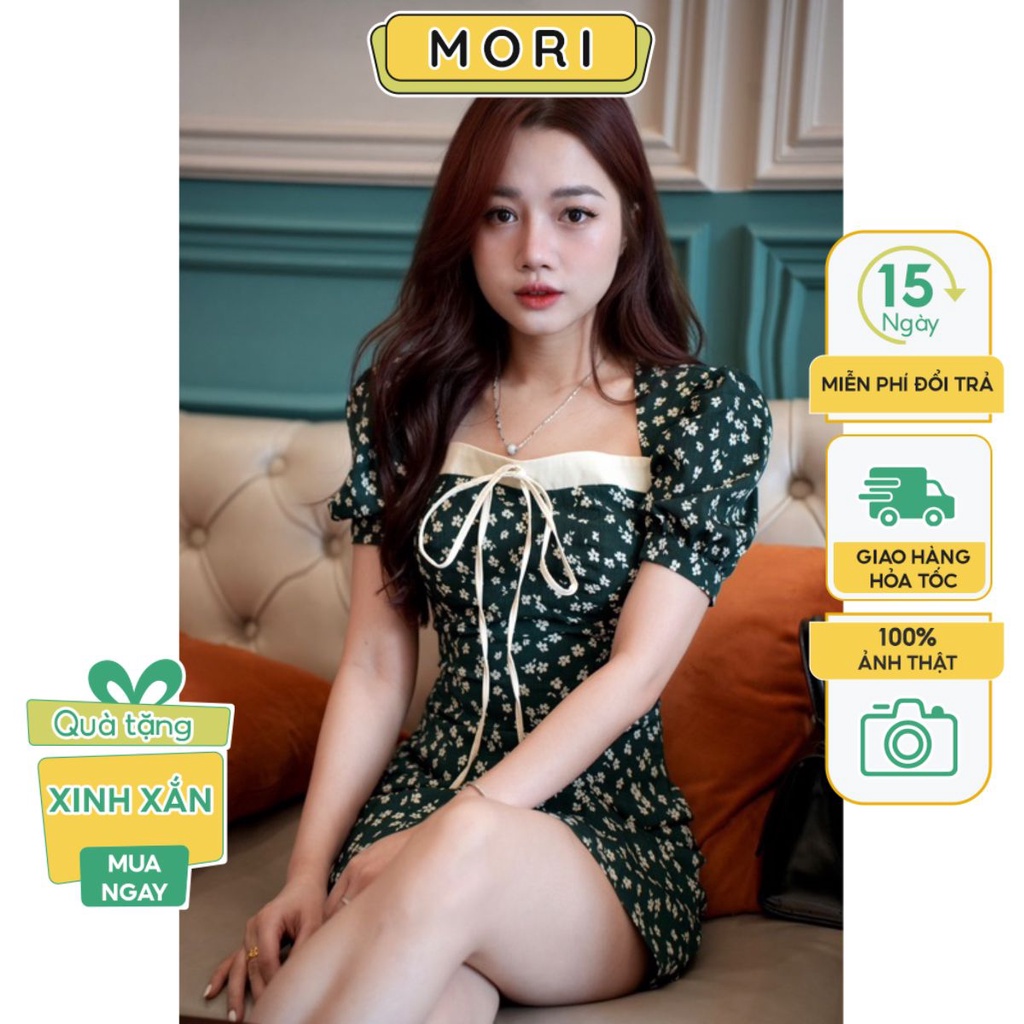 Đầm nữ cổ vuông dáng dài phong cách Hàn Quốc, váy nữ hoa nhí chất liệu voan thời trang MORI CLOTHING V991
