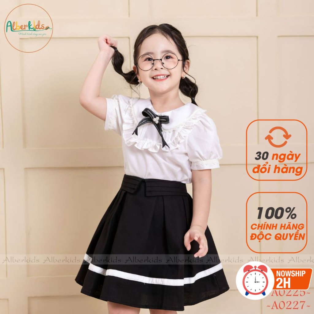 Sét đồ đi học bé gái ALBERKIDS áo bèo nơ ngực chân váy phối dây trắng cho trẻ em 4,5,6,7,8,9,10,11,12 tuổi [A0227-A0225]