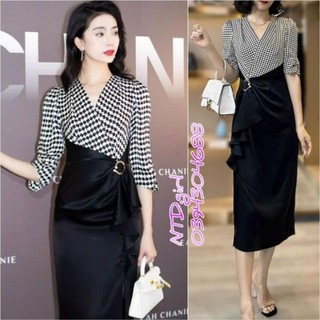 [NNQB1123] Hàng nhập - Đầm dáng ôm lụa cổ V kẻ caro, váy body Quảng Châu dự tiệc hay công sở đều xinh