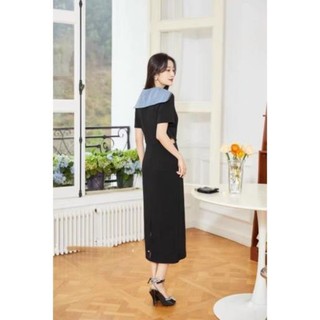 [NNQB1123] Hàng nhập - Đầm dáng ôm suông nhẹ vải jean phối thun, váy xuông tay ngắn mát lạnh cổ choàng