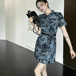 [NNQB1123] Hàng nhập - Đầm jean suông hoa văn cổ peter, váy bò mềm mịn tay ngắn cài nút trước