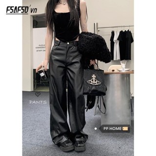 Đen Quần Da pu Ống Rộng Dáng Suông Thời Trang Cho Nữ