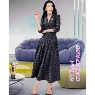 [NNQB1123] Hàng nhập - Đầm jean dáng xòe cổ vest tùng đuôi cá, váy bò Quảng Châu tay lỡ in logo