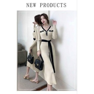 [NNQB1123] Hàng nhập - Đầm dáng ôm len form dài phối nơ eo, váy thu đông Quảng Châu cổ V rộng phối viền