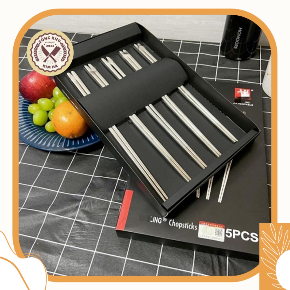 Hộp 5 đôi Đũa Inox Đức SUS 304 Zwilling Chống Trơn Trượt Hàng Cao Cấp Kho gia dụng