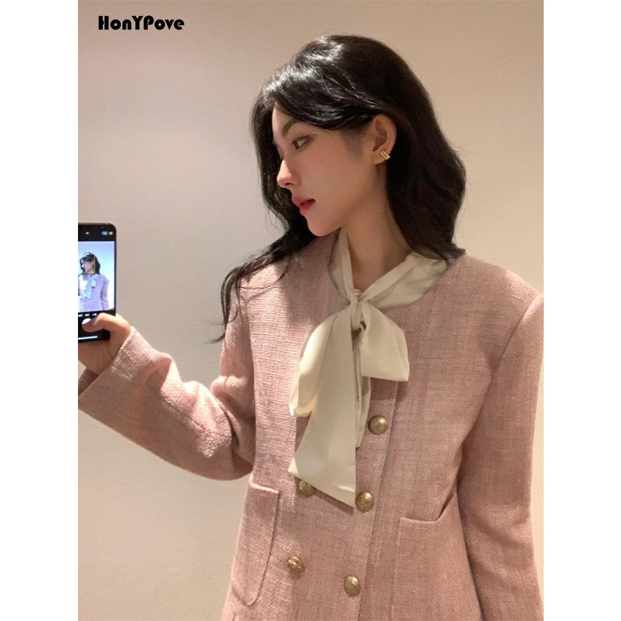 Honypove Bộ Áo Khoác Vest Phối Chân Váy Ngắn Màu Hồng Thời Trang Mùa Thu Cao Cấp Cho Nữ