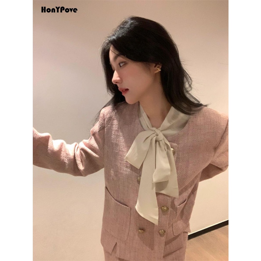 Honypove Bộ Áo Khoác Vest Phối Chân Váy Ngắn Màu Hồng Thời Trang Mùa Thu Cao Cấp Cho Nữ