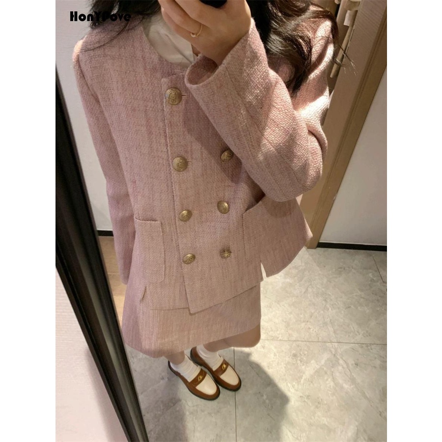 Honypove Bộ Áo Khoác Vest Phối Chân Váy Ngắn Màu Hồng Thời Trang Mùa Thu Cao Cấp Cho Nữ