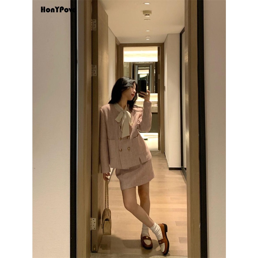 Honypove Bộ Áo Khoác Vest Phối Chân Váy Ngắn Màu Hồng Thời Trang Mùa Thu Cao Cấp Cho Nữ