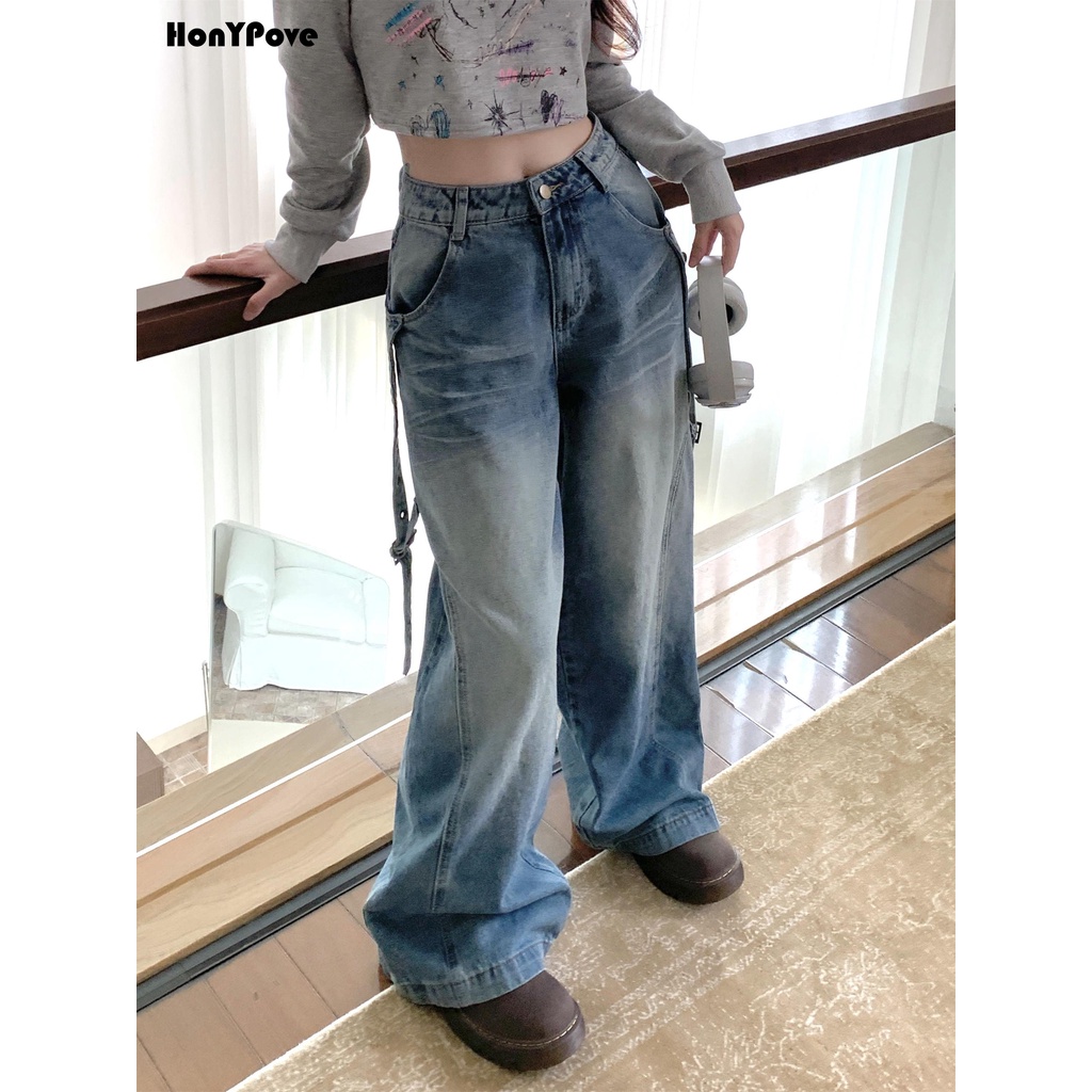 Honypove Quần jeans Nữ Dài Lưng Cao Ống Rộng Thời Trang