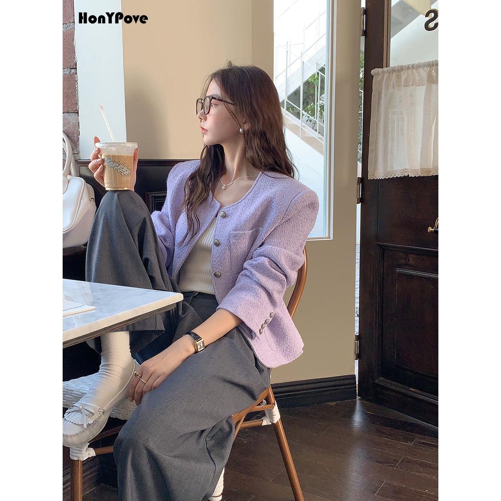 Honypove Áo Khoác Vest Màu Tím Phong Cách Hàn Quốc Thời Trang Cao Cấp Cho Nữ