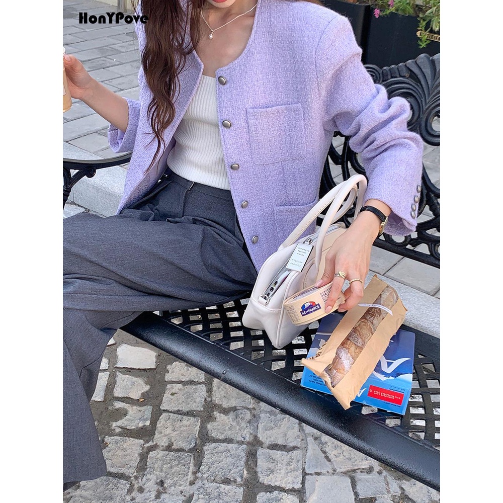 Honypove Áo Khoác Vest Màu Tím Phong Cách Hàn Quốc Thời Trang Cao Cấp Cho Nữ