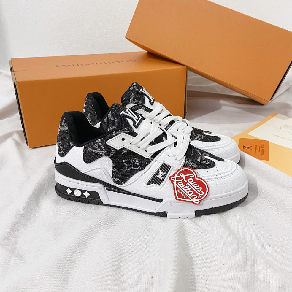 Giày thể Thao Louis Vuitton Sneakers Trainer Black White Họa Tiết Lượn Sóng, Giày Thể Thao LV 54 Trắng Đen Vải Bò Canvas