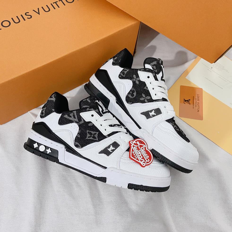 Giày thể Thao Louis Vuitton Sneakers Trainer Black White Họa Tiết Lượn Sóng, Giày Thể Thao LV 54 Trắng Đen Vải Bò Canvas