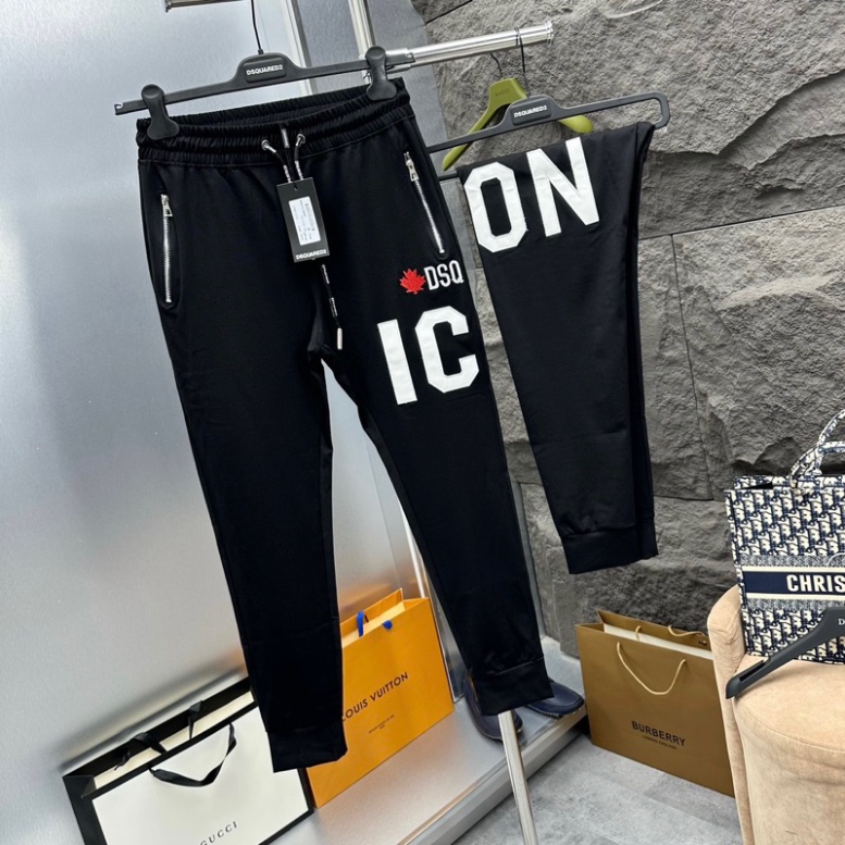Quần Jogger Dài Nam Dsq2 Nỉ Umi Đen Thêu Chữ ICON Da Trắng Lá Phong Đỏ Đùi Túi Khoá Zip Bạc Cho các Boy Phố Đi Chơi 2023