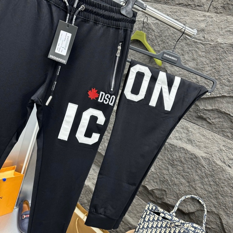 Quần Jogger Dài Nam Dsq2 Nỉ Umi Đen Thêu Chữ ICON Da Trắng Lá Phong Đỏ Đùi Túi Khoá Zip Bạc Cho các Boy Phố Đi Chơi 2023