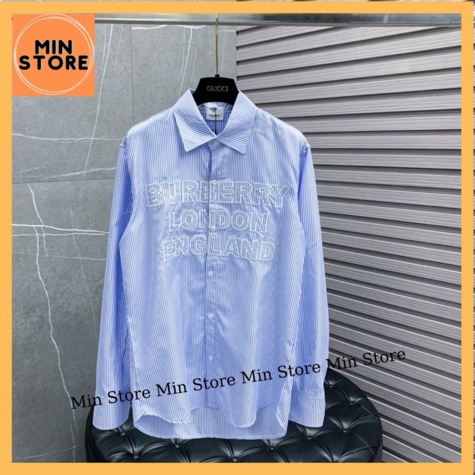 Áo Sơ Mi Kẻ Nam Nữ Dài Tay Hoạ Tiết Sọc Xanh Trắng Dệt Chữ BBR London England Ngực Kiểu Dáng Lịch Lãm Cho Các Boy Phố