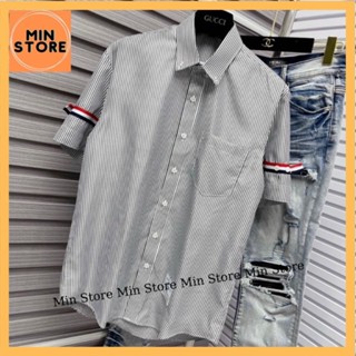 Áo Sơ Mi Kẻ Nam Nữ Cộc Tay Thom Browne Sọc Đen Trắng Thêu Vạch Xanh Trắng Đỏ Ống Tay Logo Chữ Bụng Cho Các Boy Phố 2023